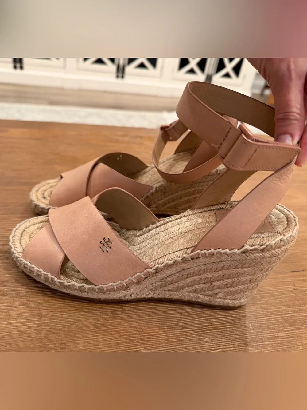 Tory Burch Blush Leather Espadrille Wedge Sandals